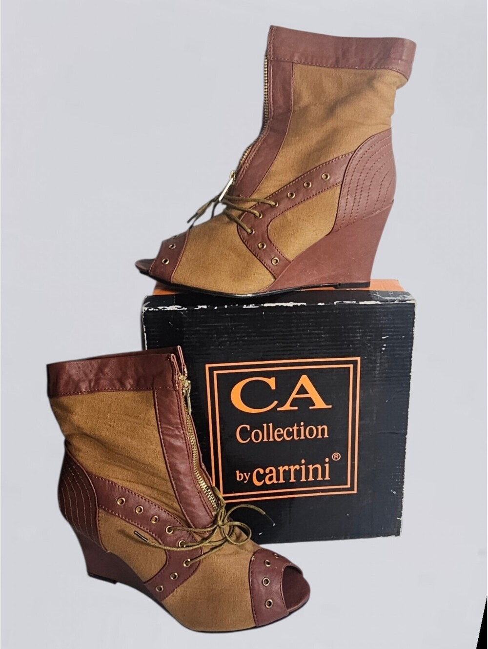 CA Collection by Carrini Two-Tone Wedge Peep Toe Ankle Booties with Box size 9